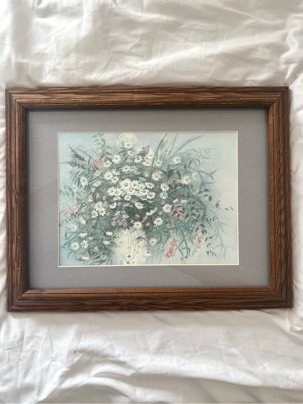 Vintage framed daisy bouquet wildflower floral print wood home decor art
